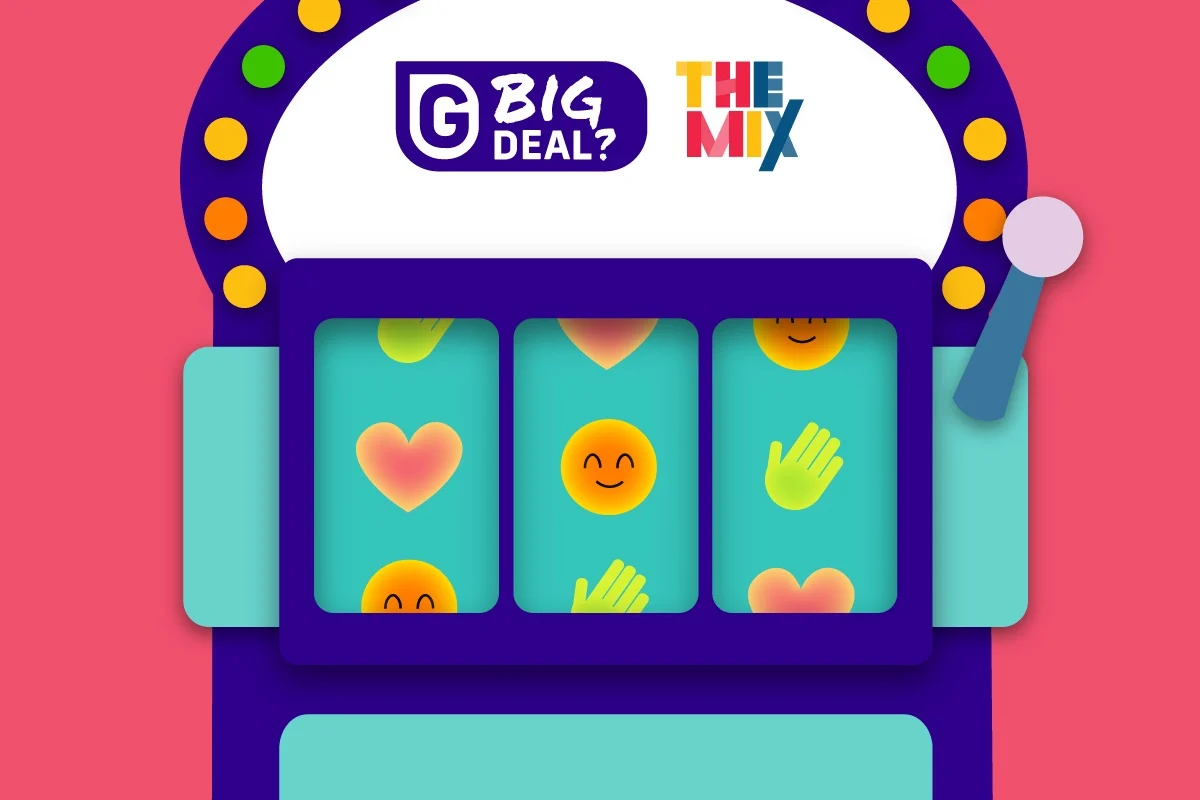 A fruit machine spins showing fruit, hands and smiley faces to represent gambling.